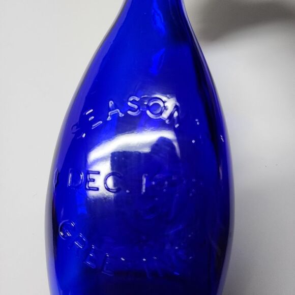 Cobalt Blue Glass Seasons Greetings Bottle w/3 French Hens 1972 - Picture 5 of 8